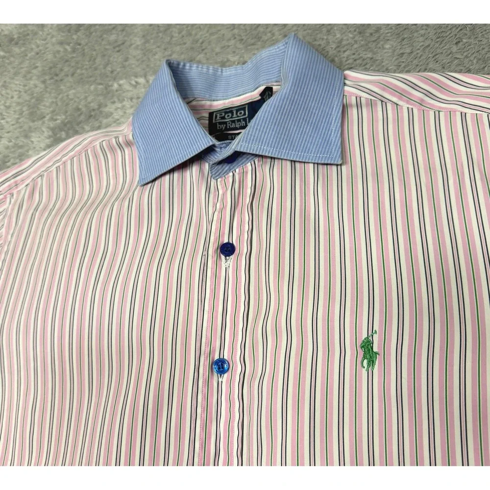 Polo Ralph Lauren Shirt Mens L Pink Stripe Stanton Classic Fit Short Sleeve Pony